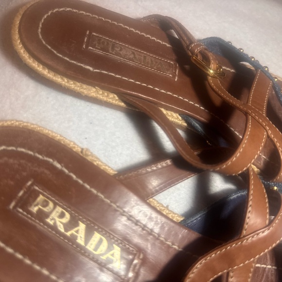 Prada Denim and Leather Tan and Blue Studded Sandals size 7 - Picture 6 of 10